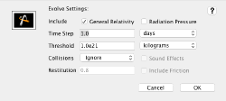 AstroGrav screenshot showing the evolver settings dialog