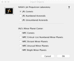 AstroGrav screenshot showing the object import dialog